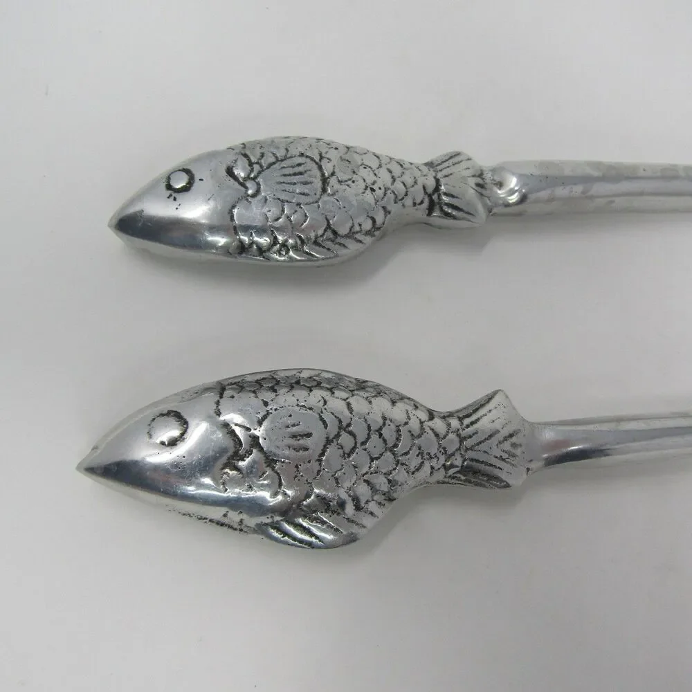 Vintage Fish Handle Salad Serving Set Aluminum Spoon Fork Coastal Decor 12.5